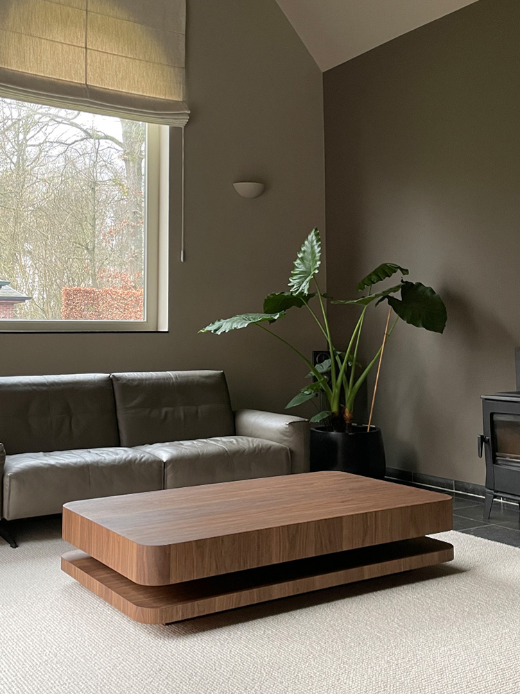 walnut coffee table dark interior